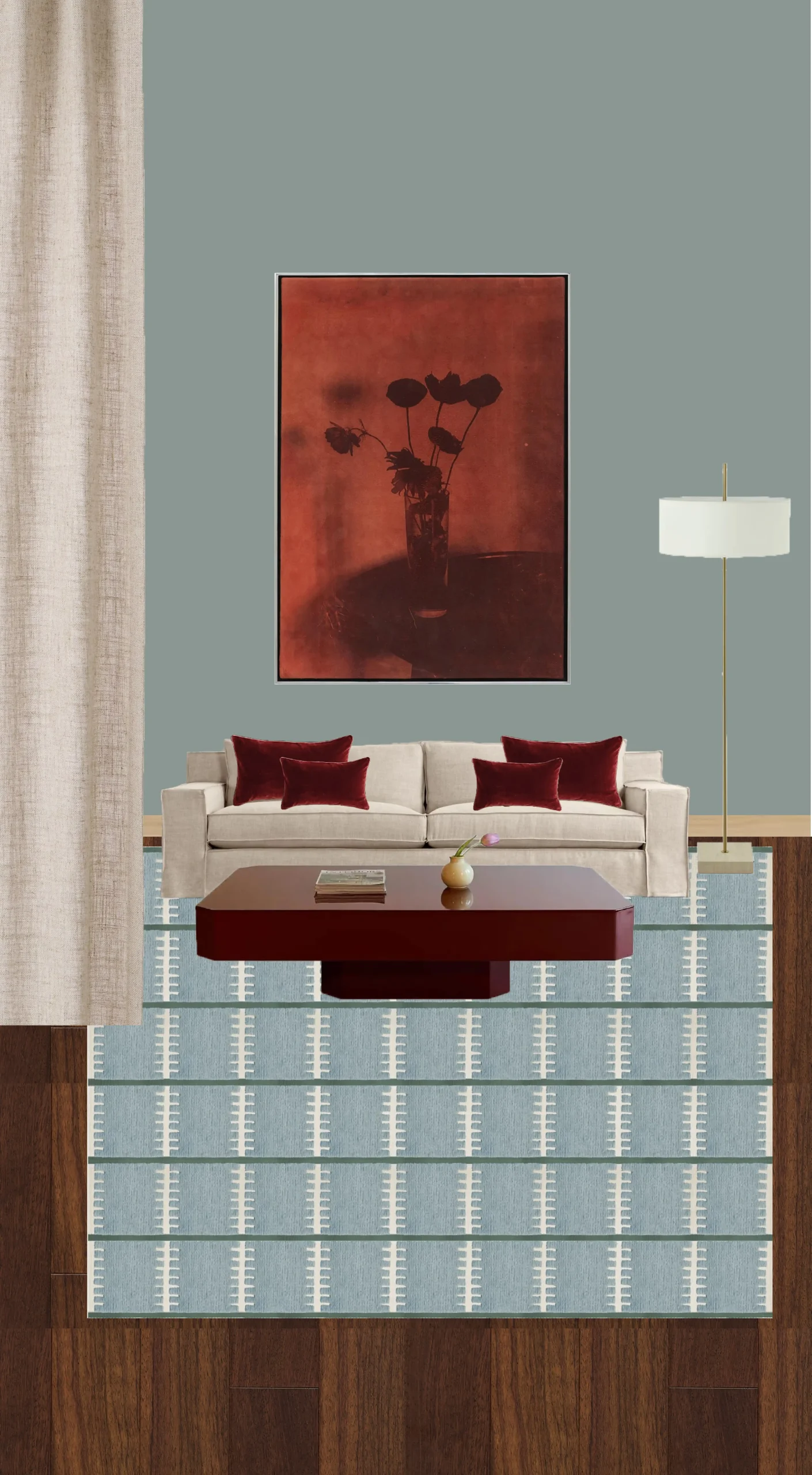 Example of the 60–30–10 rule with 10% accent color applied to decorative objects to add contrast.